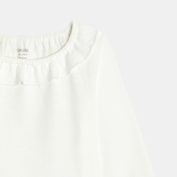 تيشيرت بأكمام طويلة من نسيج قطني محبوك، باللون الأبيض للفتيات الصغيرات